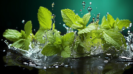 Mint leaves commercial photography with water splash photography effect, vegetable commercial photography