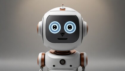 Fototapeta premium Friendly white and copper toy robot with blue glowing eyes