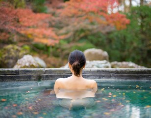 紅葉の美しい温泉に浸かっている日本人女性の後ろ姿