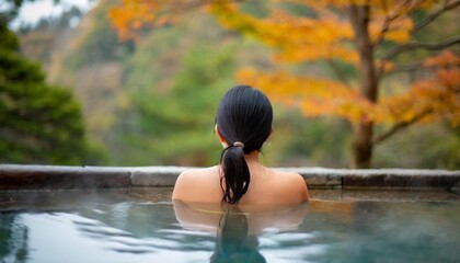 紅葉の美しい温泉に浸かっている日本人女性の後ろ姿