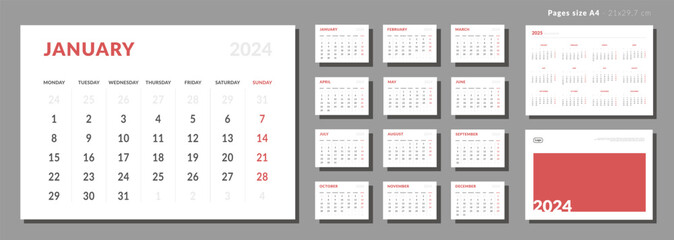 Set of Monthly page Calendar Planner Template 2024, cover with Place for Photo and Company Logo and annual calendar of 2025. Isolated Vector layout of a wall or desk calendar with week start Monday