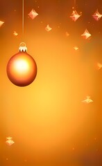 Festive holiday golden background with a hanging ball. Festive holiday background for Christmas and New Year greeting cards with copy space. AI-generated vertical digital illustration.