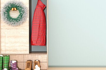Wooden closet with winter jacket in Interior of a bedroom with winter decor, set of woolen boots with snow on a light teal background, and copy space. Winter vacations. 3d render.