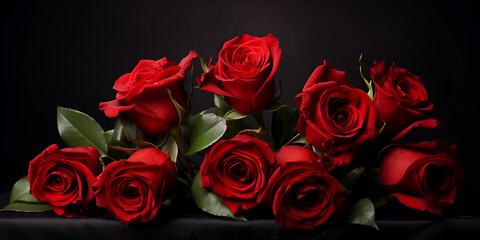 Black and Red Floral Elegance: Rose Bouquet on Dark Background
