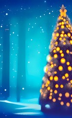 Festive holiday blue background with decorated Christmas tree. Festive holiday background for Christmas and New Year greeting cards with copy space. AI-generated vertical digital illustration.