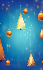 Festive holiday blue background with golden hanging balls. Festive holiday background for Christmas and New Year greeting cards with copy space. AI-generated vertical digital illustration.