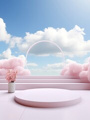 Natural beauty podium backdrop for product display with dreamy sky background. Romantic 3d scene, generative ai