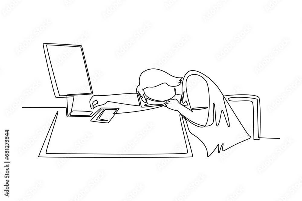 Poster single continuous line drawing of young tired female employee sleeping on the work desk with compute