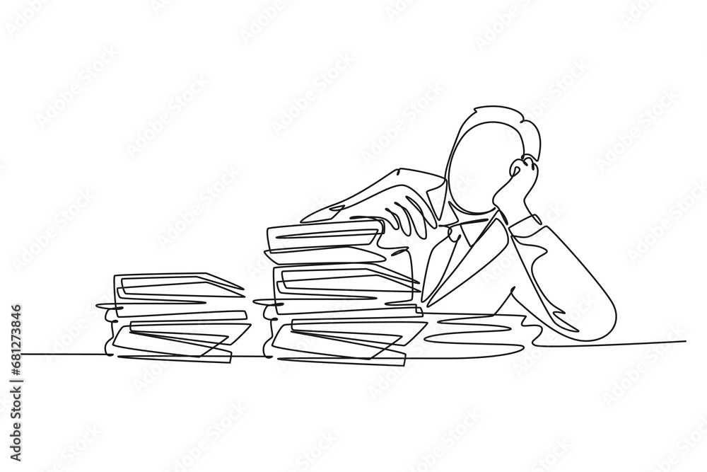 Aufkleber continuous one line drawing stressful finance manager facing pile of document papers on his desk off