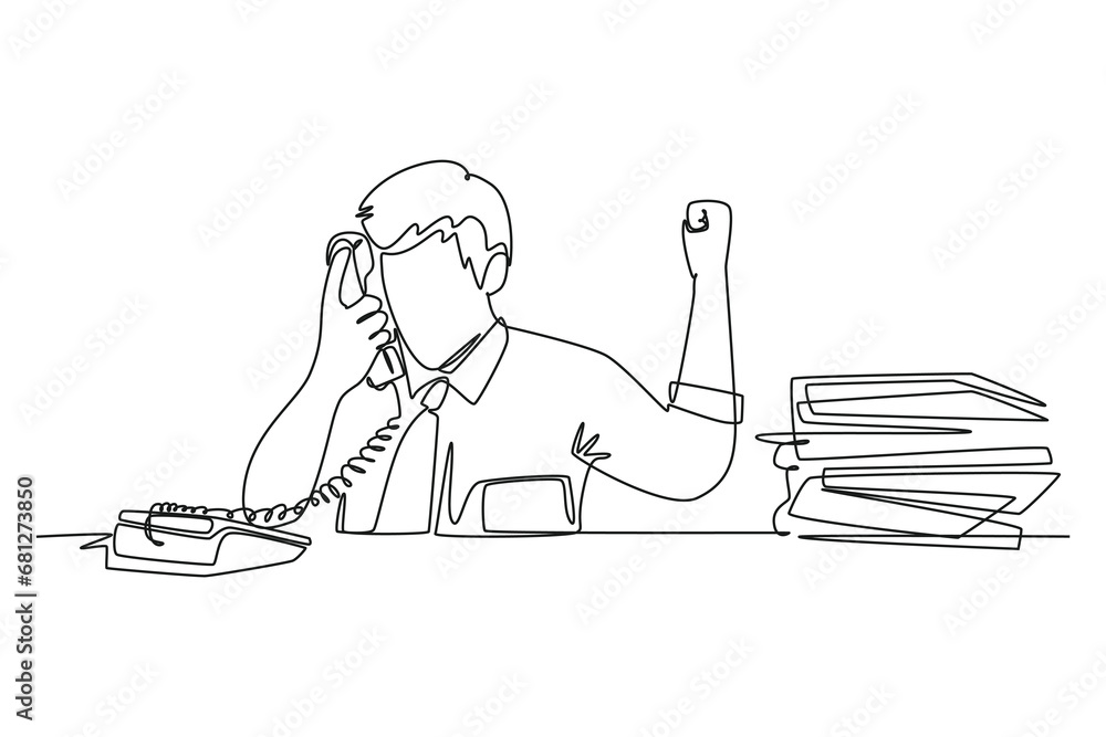 Poster continuous one line drawing young bored male worker receiving phone call from customer behind stack 