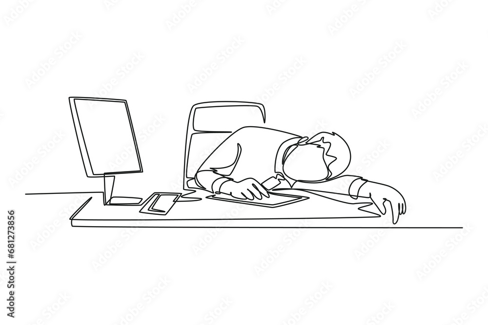 Aufkleber single continuous line drawing of young tired male employee sleeping on the work desk with computer.