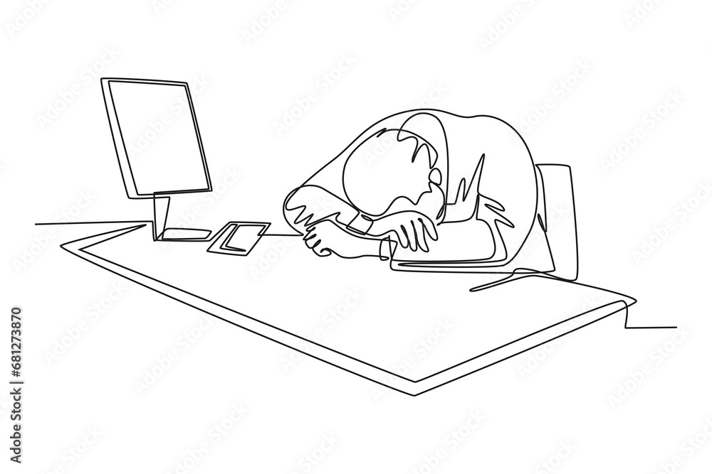Aufkleber single continuous line drawing of young sleepy startup ceo fall asleep on work desk while he was rea