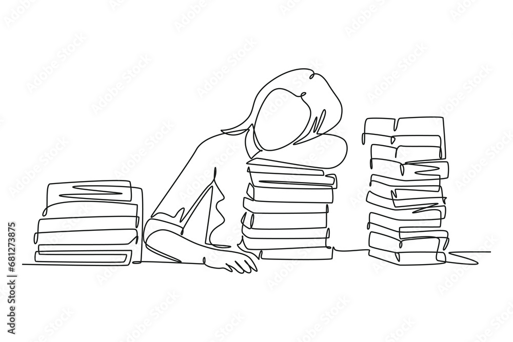 Poster single one line drawing of young bored female college student fall asleep on pile of books while stu