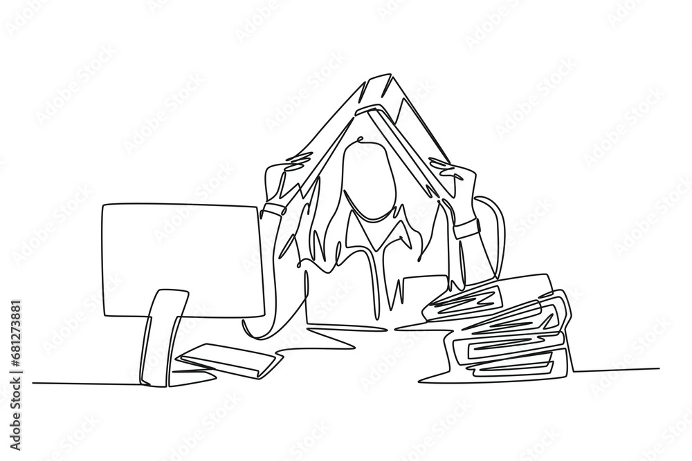 Aufkleber single one line drawing of young depression female employee sitting in front of computer and stack o