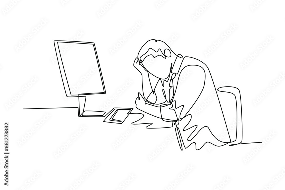 Aufkleber single one line drawing young tired businessman feel dizzy while he is working at office. work fatig
