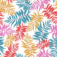 Fototapeta na wymiar Creative seamless pattern with tropical leaves and flowers. Trendy texture with hand drawn exotic plants.
