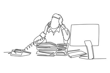 Single continuous line drawing of young bored male worker receiving phone call from customer behind stack of paper. Daily overload job at the office. One line draw graphic design vector illustration