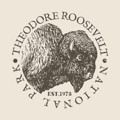 Theodore Roosevelt, National Park, ND, USA Silhouette Postal Passport. Stamp Round Vector Icon. Design Travel Postmark.  - obrazy, fototapety, plakaty