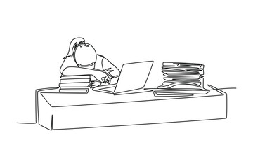 Single continuous line drawing of young tired female employee sleeping on the work desk with laptop and pile of papers. Work fatigue at office concept. One line draw graphic design vector illustration