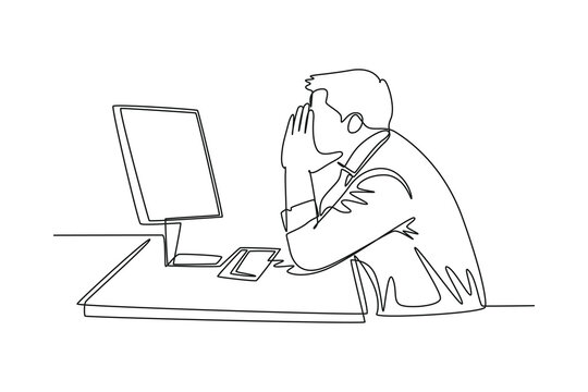 recommend clip art: Continuous one line drawing young tired company worker covering his face with hand after read financial annual report. Work fatigue at the office. Single line draw design vector graphic illustration