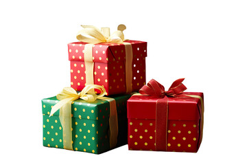 a group of Christmas gifts piled, pois green, red, and gold isolated on white background PNG