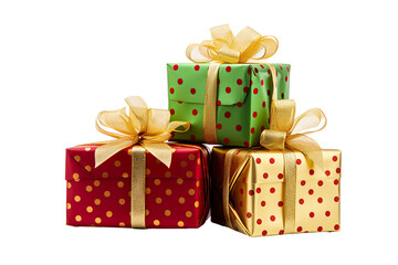Fototapeta premium a group of Christmas gifts piled, pois green, red, and gold isolated on white background PNG