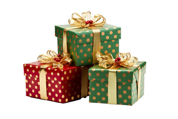 Obraz premium a group of Christmas gifts piled, pois green, red, and gold isolated on white background PNG
