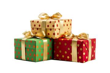 Obraz premium a group of Christmas gifts piled, pois green, red, and gold isolated on white background PNG