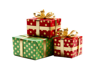 Obraz premium a group of Christmas gifts piled, pois green, red, and gold isolated on white background PNG
