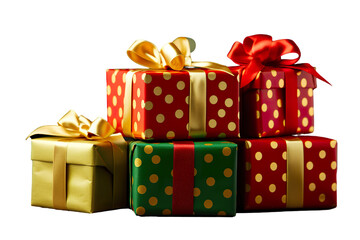 a group of Christmas gifts piled, pois green, red, and gold isolated on white background PNG