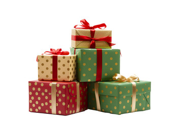 a group of Christmas gifts piled, pois green, red, and gold isolated on white background PNG