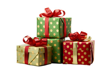 Obraz premium a group of Christmas gifts piled, pois green, red, and gold isolated on white background PNG
