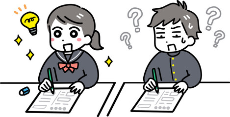 テストを受ける学力差のある中学生の男女(上半身)