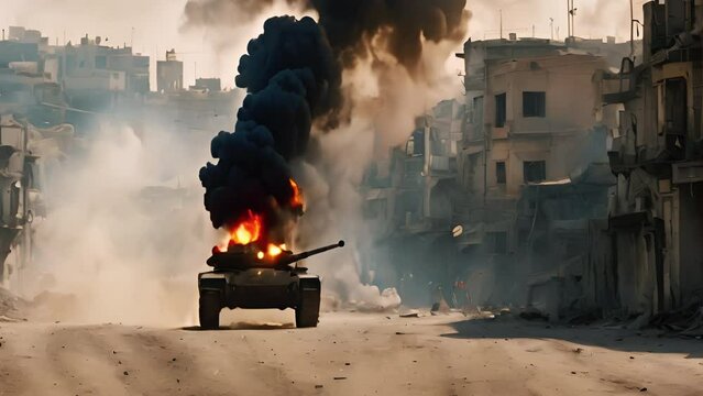 Ukraine destroyed with Russians. Burning tank drive through the damaged Ukrainian city. Black smoke raising over military machine after explosion. Terrifying picture of political war. 3d animation