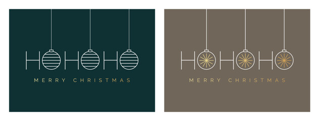 Ho Ho Ho Merry Christmas Card Design Template. HOHOHO Christmas Card with Bauble Decorations. Festive Typography Greeting Card with Christmas Balls. Vector Illustration for Minimalist Xmas Card. - obrazy, fototapety, plakaty