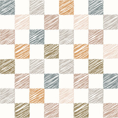 Fototapeta premium Chessboard background. Geometric black-white square texture in doodle style. Gingham vector wallpaper for print templates or textiles. Simple scribble pattern. Plaid pattern.