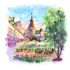Watercolor sketch of Plac Kolegiacki in Old town of Poznan, Poland