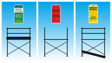 Red, green, and yellow scaffolding safety inspection tag sample application for construction work. Vector illustration. - obrazy, fototapety, plakaty