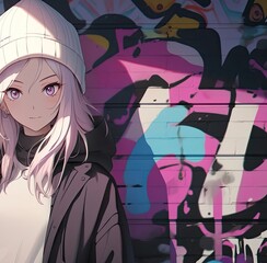 Girl's Encounter with Anime Graffiti Art on a Vibrant Graffiti Wall Generative AI