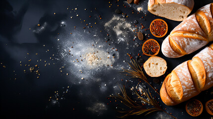Freshly baked bread on a black background. Top view with copy space. Generative AI technology. - obrazy, fototapety, plakaty