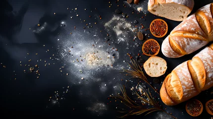 Gordijnen Freshly baked bread on a black background. Top view with copy space. Generative AI technology. © Grycaj