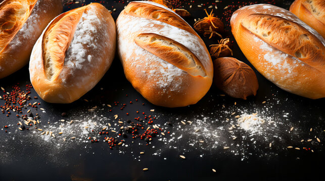 Freshly baked bread on a black background. Top view with copy space. Generative AI technology.