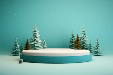 Winter Christmas background for product presentation with round podium. 3D Rendering.
