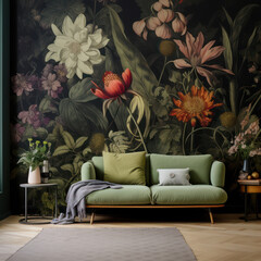 pastel green sofa and vintage flowers wall  paper in living room