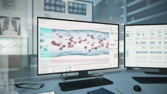 Microscopic Cells Flow Health Analysis Discovers Blood Type B. Blood Flow Examination By Innovative Biology Analysis Software. Medical Analysis Interface Inspects Blood Flow In Patients Vein