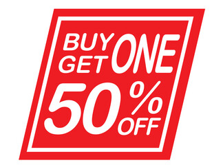 Buy 1 get 1 50% off red label sign. Buy 1 get 1 50% off red banner. Vector Illustration.