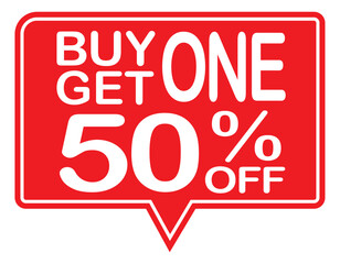Buy 1 get 1 50% off red label sign. Buy 1 get 1 50% off red banner. Vector Illustration.