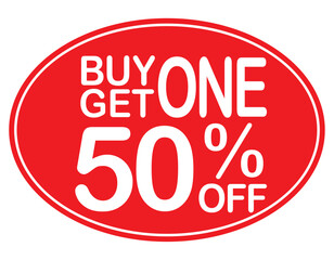 Buy 1 get 1 50% off red label sign. Buy 1 get 1 50% off red banner. Vector Illustration.