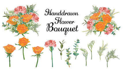 Set of floral parts for gift floral arrangement painted with handdrawn digital oil brush