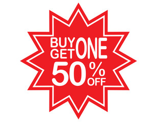 Buy 1 get 1 50% off red label sign. Buy 1 get 1 50% off red banner. Vector Illustration.
